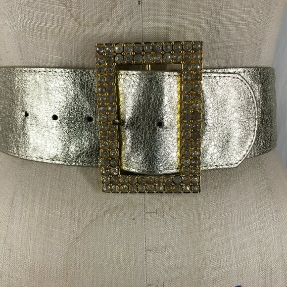 Vintage Gold Belt Wide Rhinestone Buckle Vegan Statement Santa Cinch 80s - Picture 3 of 6